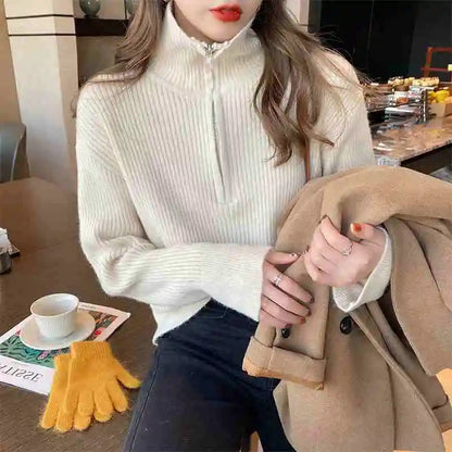 Knitted Long Sleeve Turn Down Collar Knit Sweater Pullover
