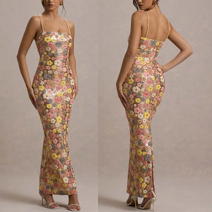 Flowers Sequin Patchwork Slim Long Dress