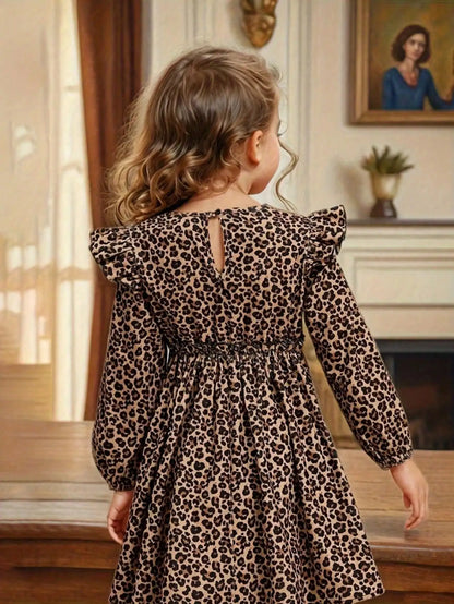 Elegant Four Season Leopard Print Long-Sleeved Ruffle Edge Dress