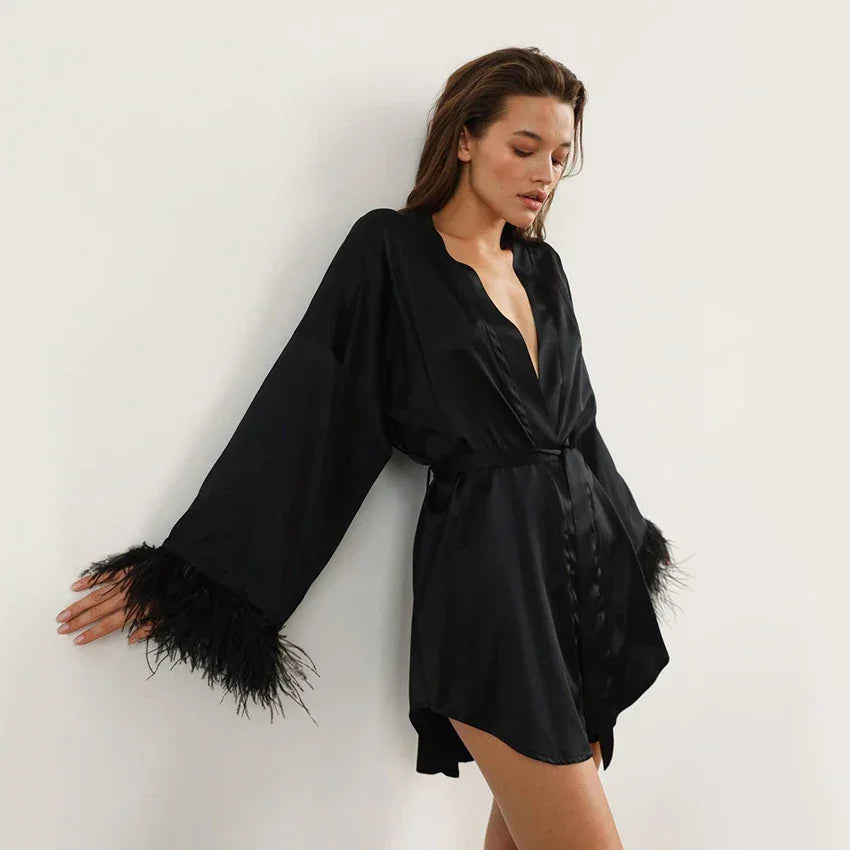 Feather Bathrobes Satin Sexy Robe