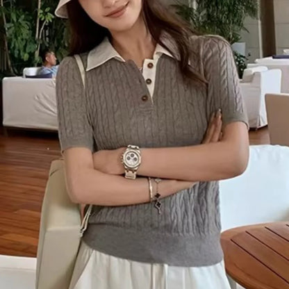 Sueter Feminino Turn Down Collar Knitted Sweater Short Sleeve Knit Pullover