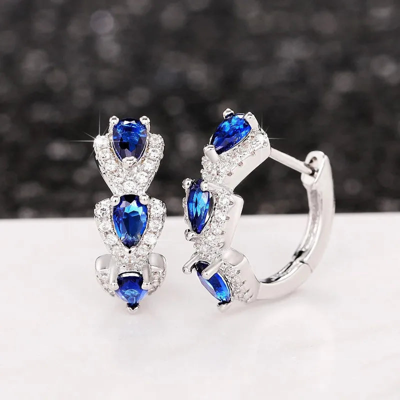 925 Sterling Silver Blue Cubic Zirconia Hoop Earrings