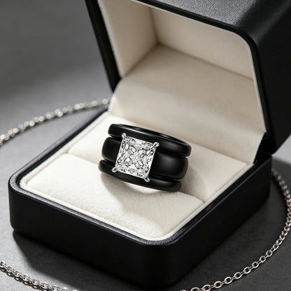 Princess Cut Cubic Zirconia Black Ceramic Band Chunky Ring