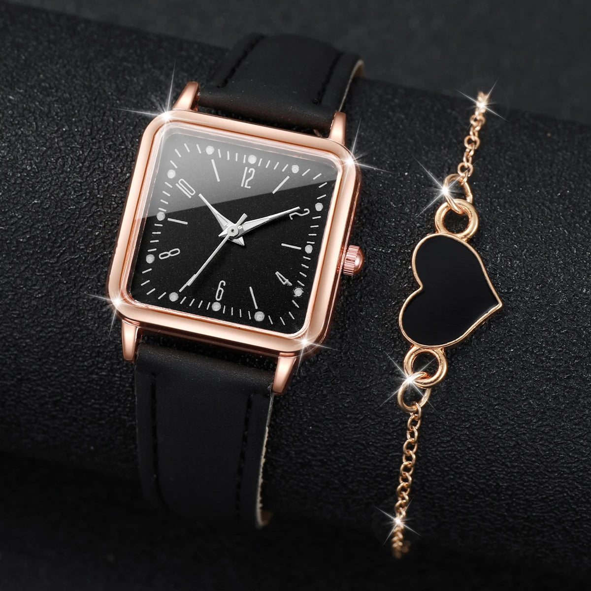Square Leather Quartz Watches Heart Bracelet Set