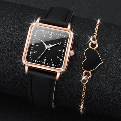 Square Leather Quartz Watches Heart Bracelet Set