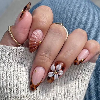 24Pcs Gilded 3D Flower Press on Nails Black French Leopard Print False Nails