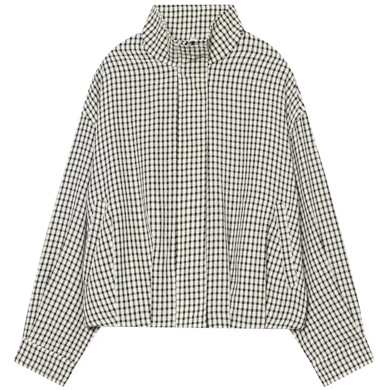 Plaid Bomber Oversized Long Sleeve Top Casual Zipper Jacket