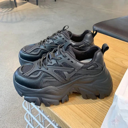 Black Chunky Mesh Leather Sneakers Shoes