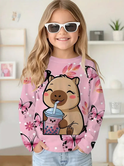 Cartoon Animal Capybala O-Neck Tops Long Sleeve Hoodies