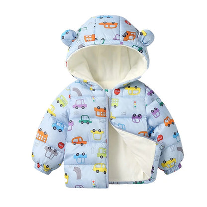 Winter Baby Kids Fleece Cartoon Warm Hooded Down Jackets