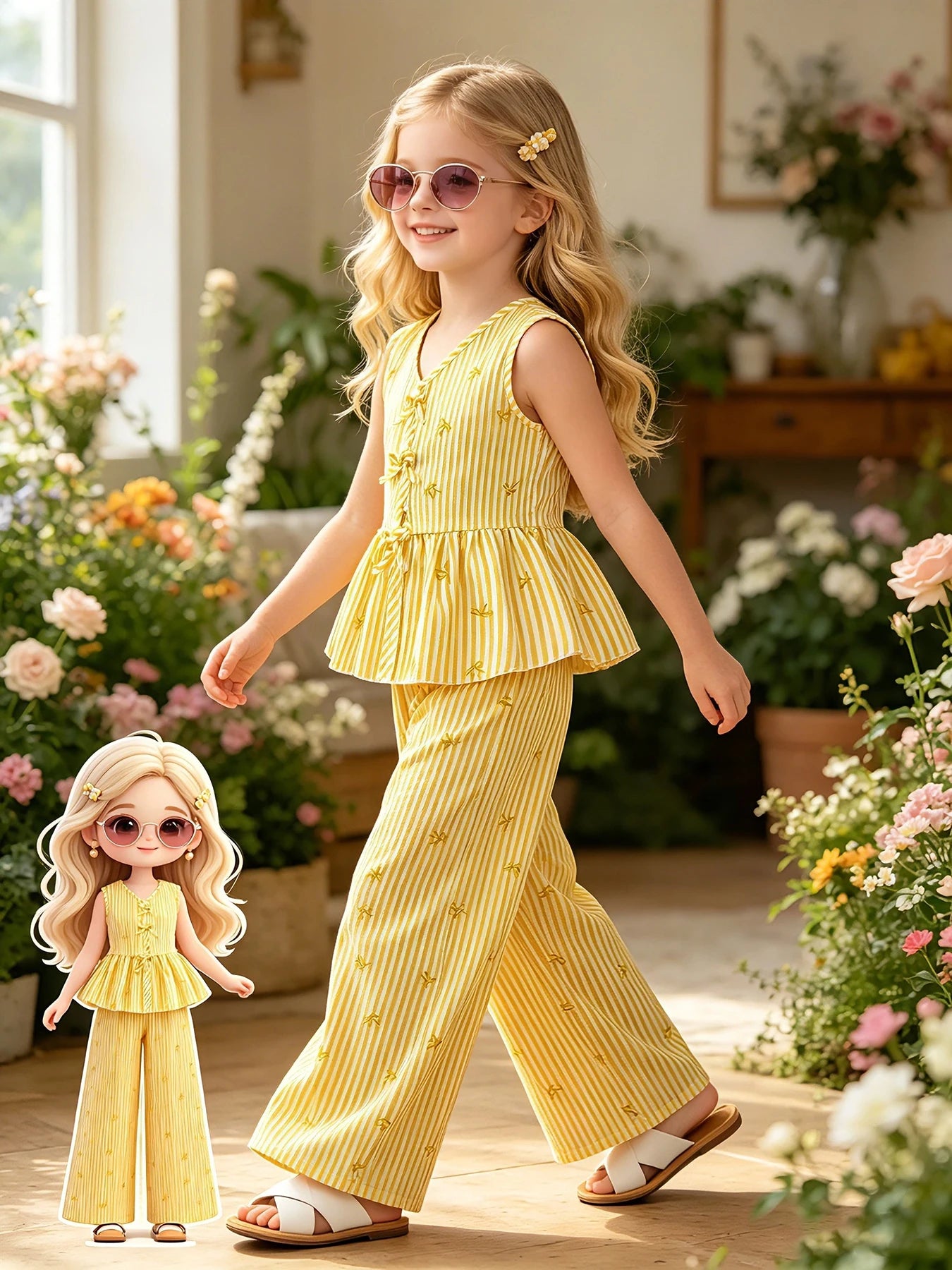 Yellow Vertical Stripe Bow Print V Neck Sleeveless Peplum Set