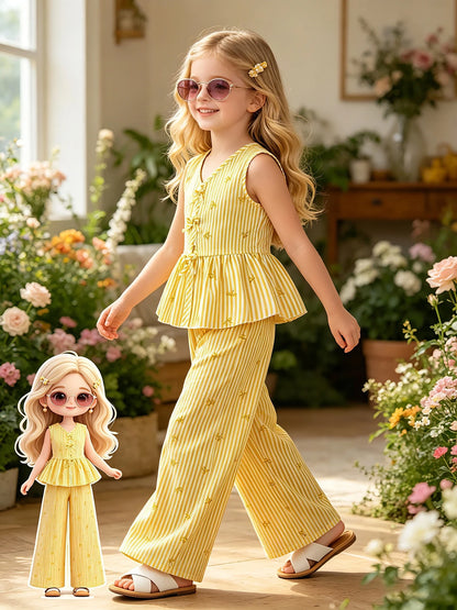 Yellow Vertical Stripe Bow Print V Neck Sleeveless Peplum Set
