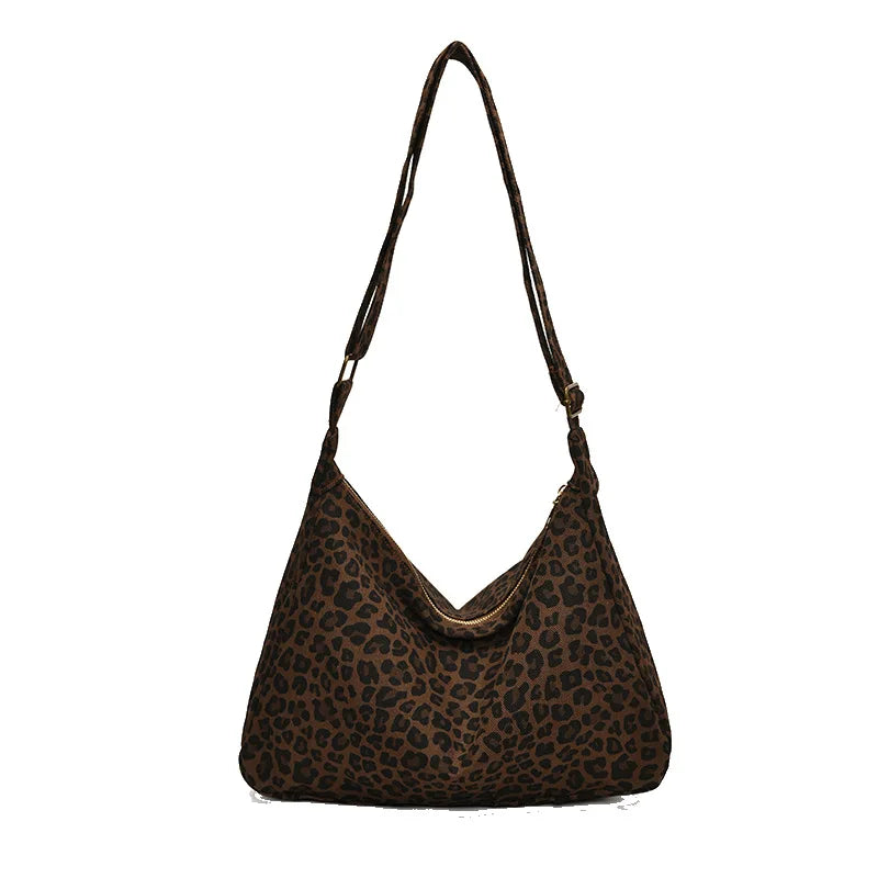 Casual Soft Textile Shoulder Bag Large Capacity Leopard Print Retro Crossbody Bag