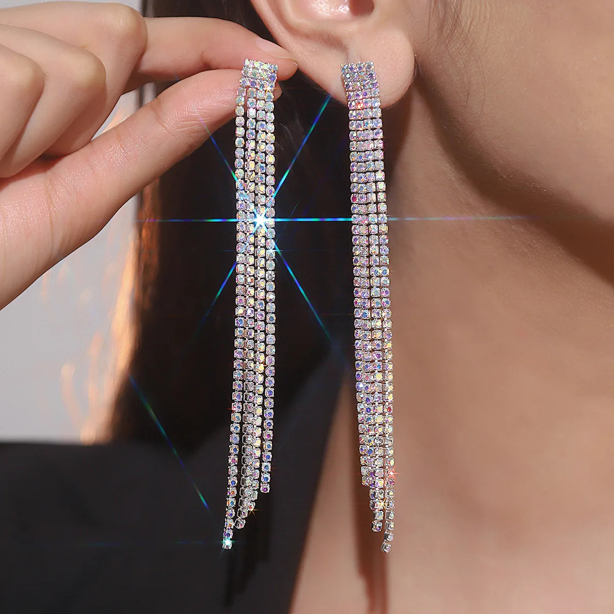 Shiny Rhinestone Crystal Tassel Long Earrings