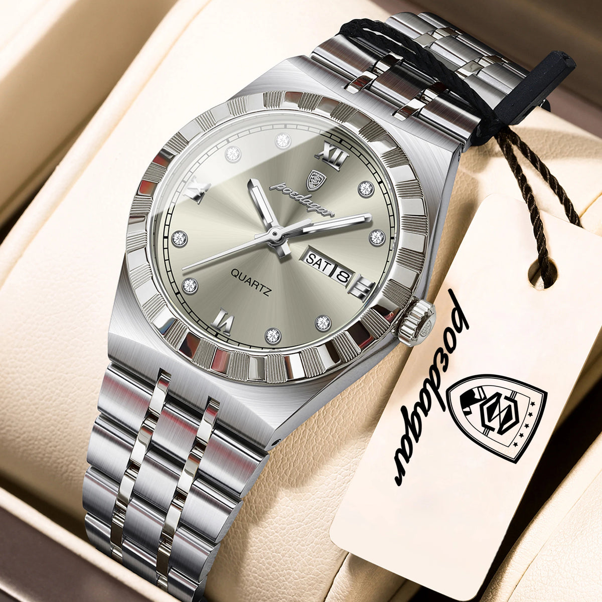 Luminous Waterproof Week Date Stainless Steel Quartz Watches