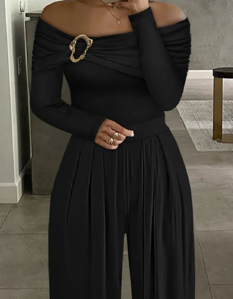 Elegant Pure Color Off-Shoulder Long Sleeve Romper Dress