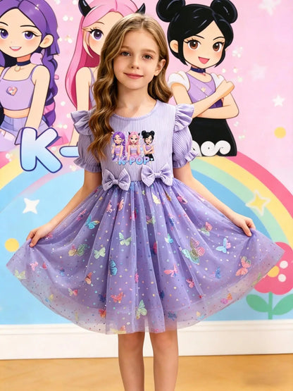 Elegant Cartoon Butterfly Print Slim-Fitting Summer Princess Dress