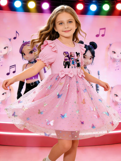 Double bows at the waist puff sleeves and a pink princess dress