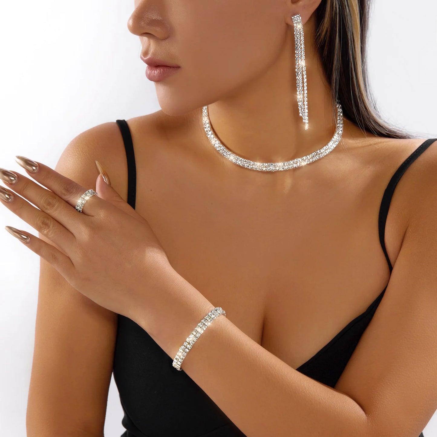 Double Layer Choker Necklace Full Rhinestone Cuff Set