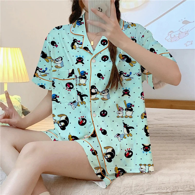 Kawaii Cute Cartoon Little Penguin Print Milk Silk Homewear Sleepwear Pajamas