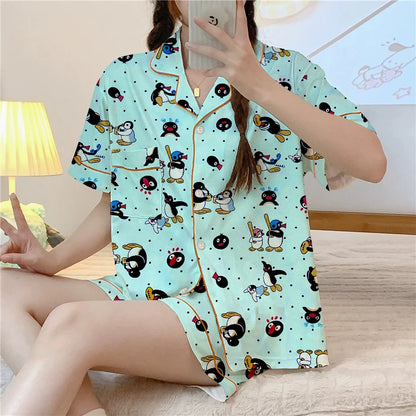 Kawaii Cute Cartoon Little Penguin Print Milk Silk Homewear Sleepwear Pajamas
