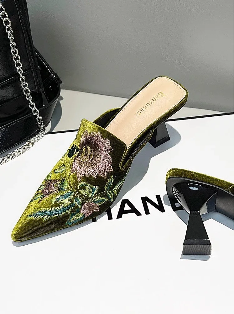 Elegant Velvet Mule Heels Pointed Toe Cone Heel Shoes