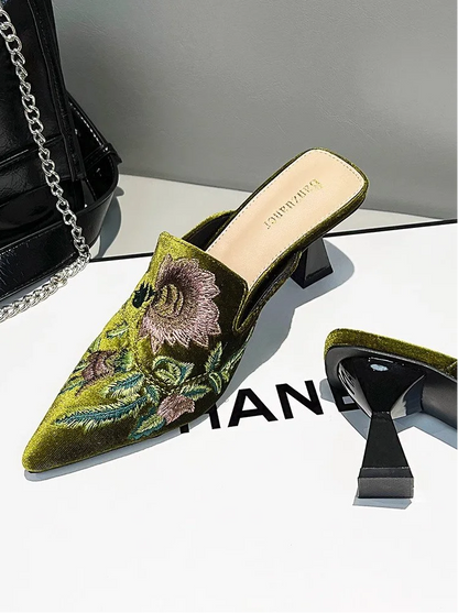 Elegant Velvet Mule Heels Pointed Toe Cone Heel Shoes