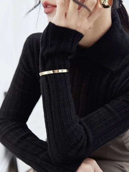 Polo Collar Knitted Sweater Long Sleeve Slim Fit Pullovers