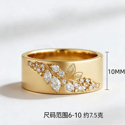 Exquisite Plant Leaf Pattern Gold Wide Face Inlaid with Zircon Finger Rings