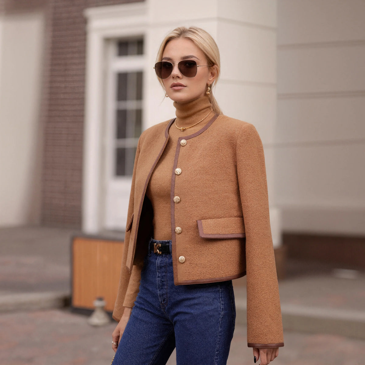 Elegant Camel Tweed Cropped Jacket  Vintage Gold Button O-Neck Short Coat