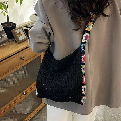 Large Capacity Boho Tote Floral Crochet Handbag