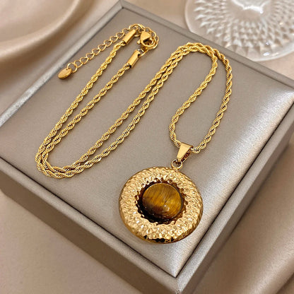 Chic Gilded Textured Natural Stone Pendant Vintage Necklace