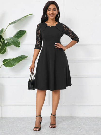 Vintage Floral Lace Square Neck High Waist Medium Sleeve Slim Flared Dress