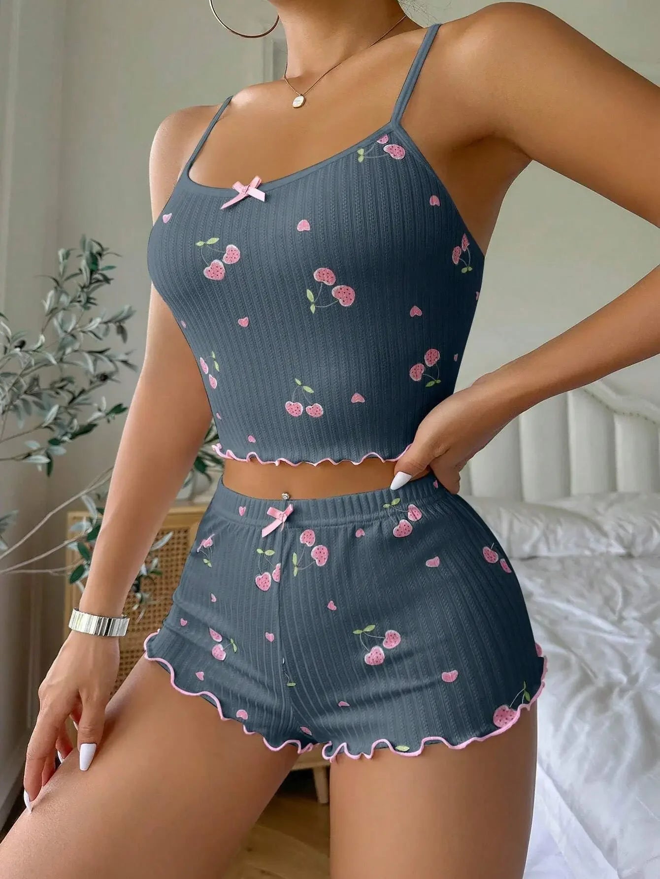 Heart Print Sexy Ribbed Pyjama Set