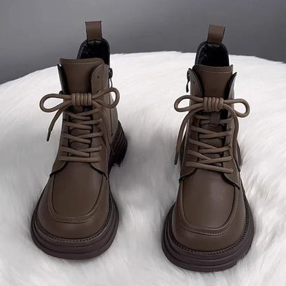Plush Platform Warm Short Flat Bottom Lace Up Ankle Boots