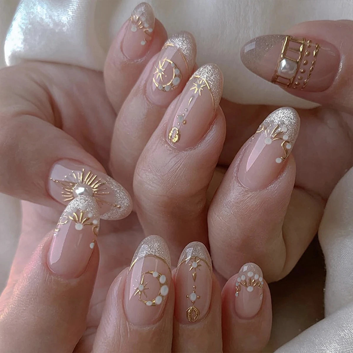 24Pcs Metallic Cat Eye French Sheer Manicure Tip Art Textured 3D Acrylic False Nails