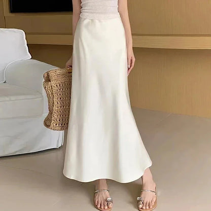 Satin Long Draped High Waist Midi Skirt