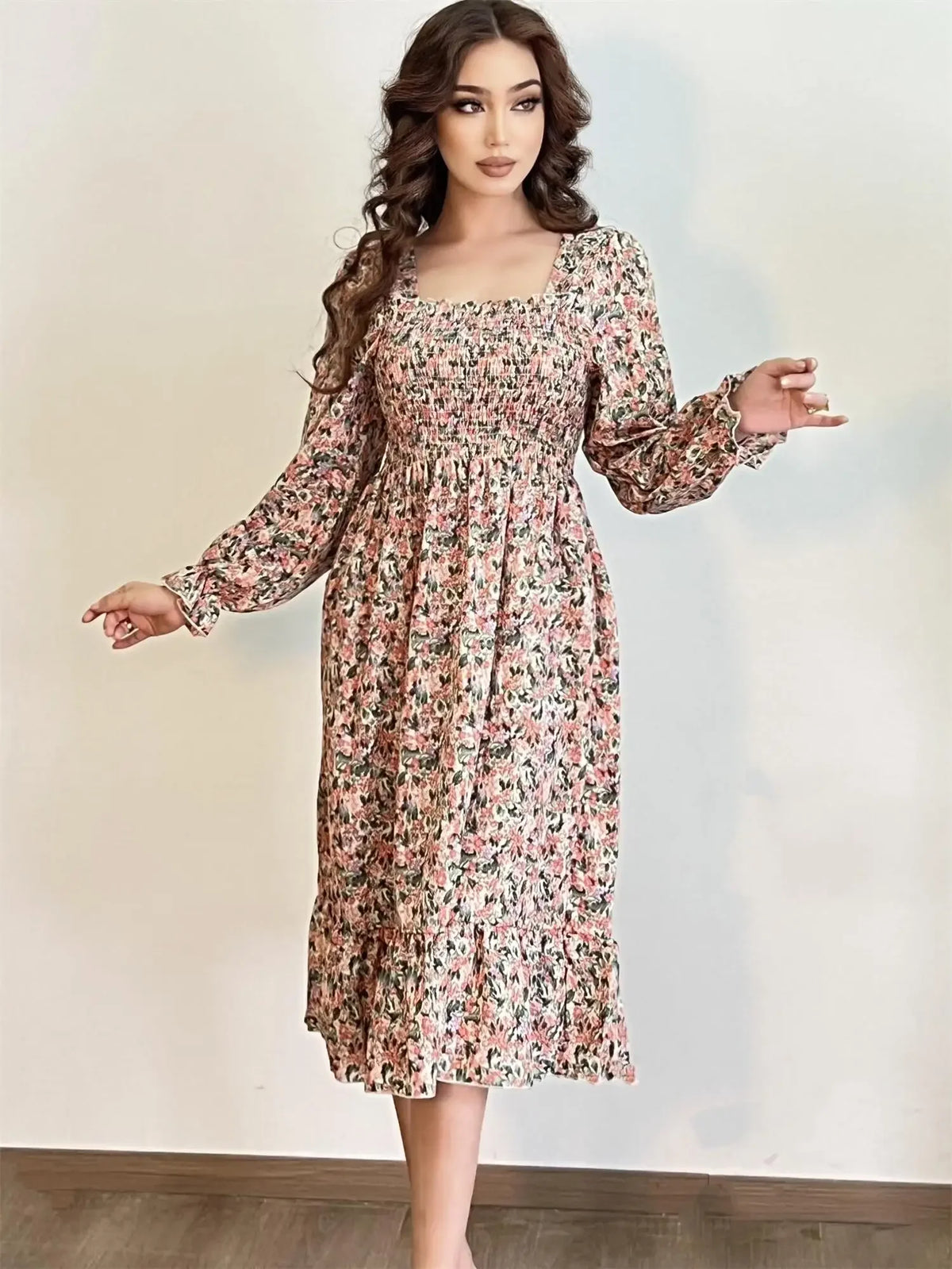 Long Sleeve Casual Chiffon Floral Elastic Chest Lace Up Midi Dress