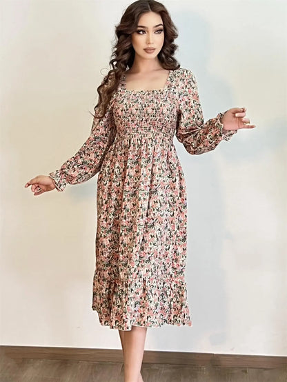 Long Sleeve Casual Chiffon Floral Elastic Chest Lace Up Midi Dress