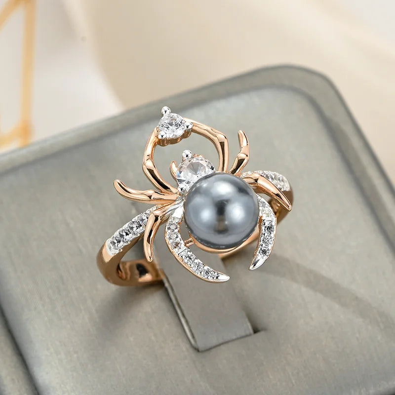 Spider Shape 585 Rose Gold With Grey Pearl Rings