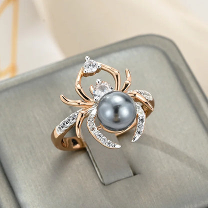 Spider Shape 585 Rose Gold With Grey Pearl Rings