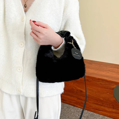 Faux Fur Plush Ruched Handle Small Shoulder Crossbody Bag
