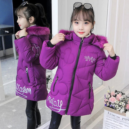 3-12 Years Winter Long Style Letter Velvet Hooded Thick Coat