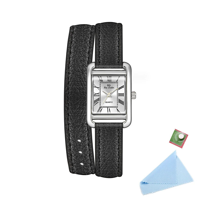 ساعة مربعة من الجلد باللون الوردي الذهبي العتيق