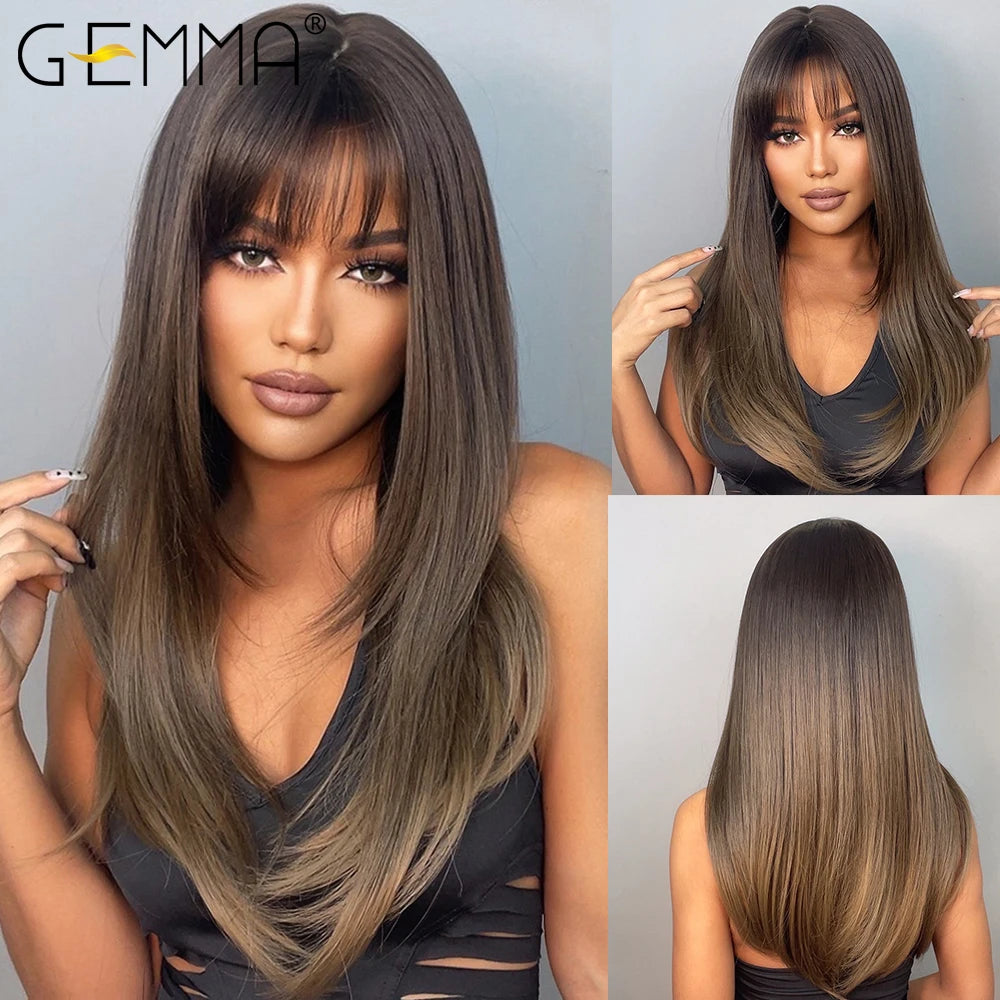 Brown Blonde Long Straight Synthetic Wigs