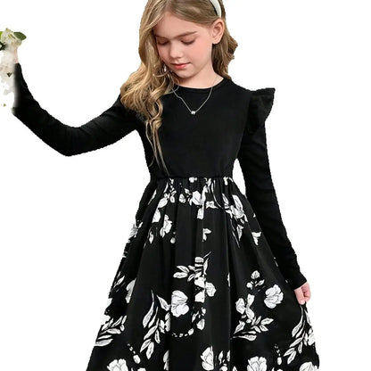 Girl's Casual Long-Sleeved Round-Neck Floral Dress