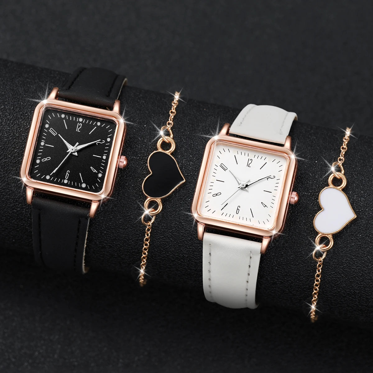Square Leather Quartz Watches Heart Bracelet Set