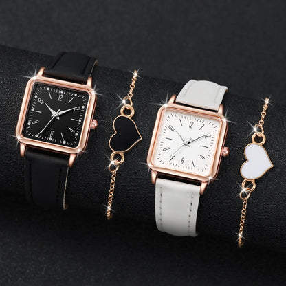 Square Leather Quartz Watches Heart Bracelet Set