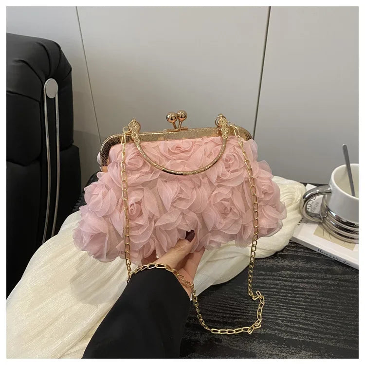 Luxury Chain Shoulder Chiffon 3D Flower Banquet Bag