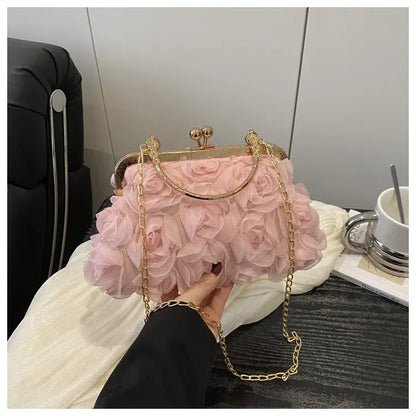 Luxury Chain Shoulder Chiffon 3D Flower Banquet Bag